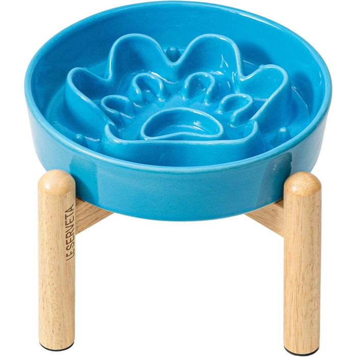 Миска для собак LE SERVETA Slow Feeder з кераміки, піднята, 3 миски, з дерев'яною підставкою, для собак середніх та великих порід, інтелектуальна миска-пазл (Блакитна)