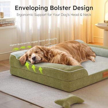 Ортопедичне ліжко для собак, 91x69 см, з іграшкою-кісткою, з охолоджуючого меморі-піни, миється, водонепроникне, неслизьке, велике ліжко для собак, світло-сіре (темно-зелене, L 107 x B 76 x H24 см)