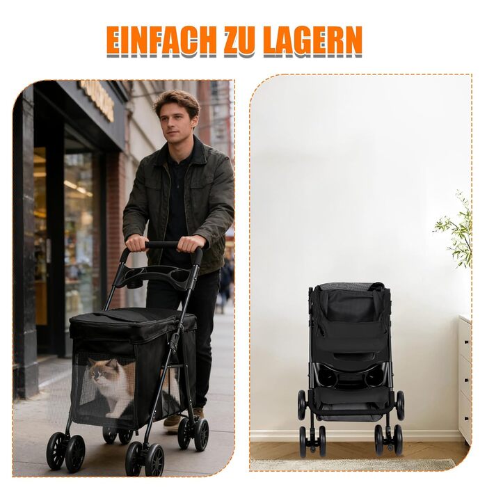 Візок для собак Homewell, візок-каляска для котів/маленьких собак, візок-каляска для дітей, прогулянковий візок для тварин з 2 вікнами на блискавці, тримач для напоїв, до 20 кг (Чорний)