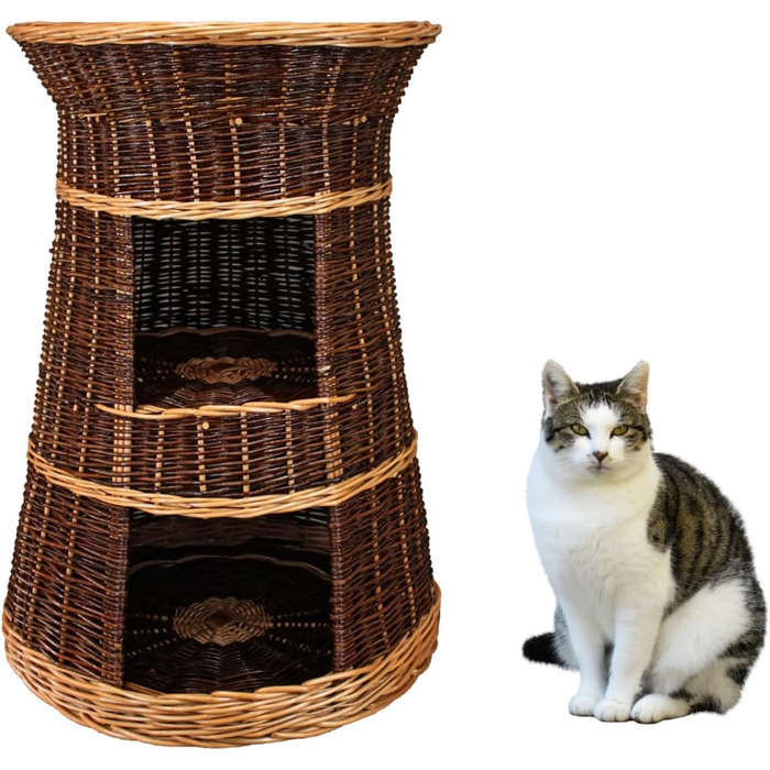 Корзина для котів, лежанка-будка, 43x49x70 см, з вербового пруття, трирівневе ліжко для собак та котів, знімні подушки кремового кольору, лакована корзина (без подушок)