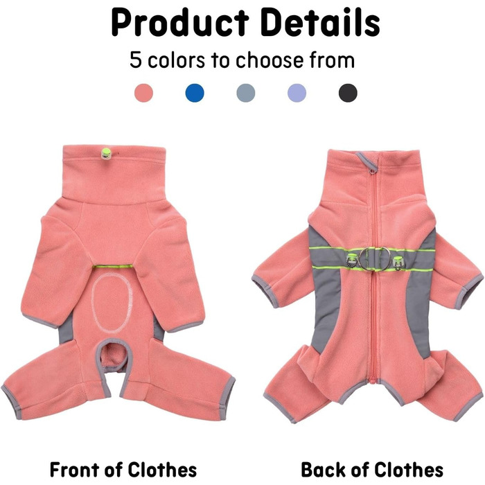 Флісова тепла куртка для собак на зиму, Onesie для цуценят з регульованою талією, D-кільцем та світловідбиваючими смугами, теплий одяг для собак, костюм для маленьких та середніх собак_L (L:Обхват грудей:48см/18.8дюймів; довжина спини:33см/12.9дюймів, рож