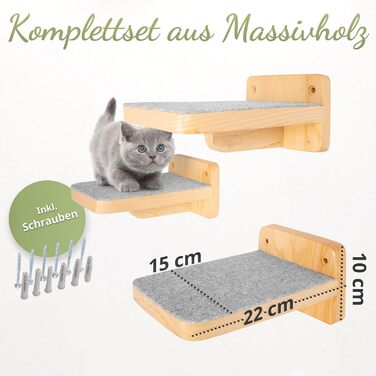 WOOWOOD® Стіна для лазіння котів XL, набір 3 сходинок, дерев'яна кішкова драбина на стіну, котячий комплекс для лазіння