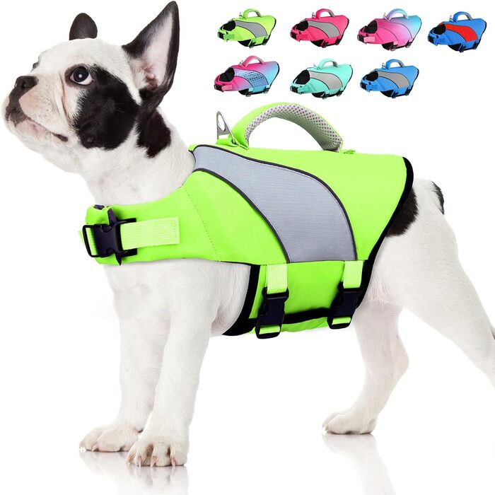 Жилет для плавання собак Doglay, регульований та світловідбиваючий, для плавання та катання на човні, висока плавучість, безпечний жилет з ручками для рятування та D-подібним кільцем, середнього розміру, флуоресцентний зелений та сірий