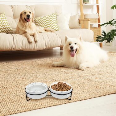 Набір мисок для собак та котів Fanquare з кераміки, сірий мармур, чорний металевий каркас, 400 мл