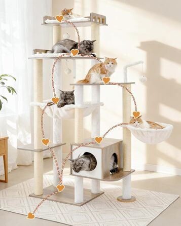 Дерев'яний когтеточка Heybly Kratzbaum 179 см з будиночком та гамаком, HCT121WB (Вінтаж-Сірий)