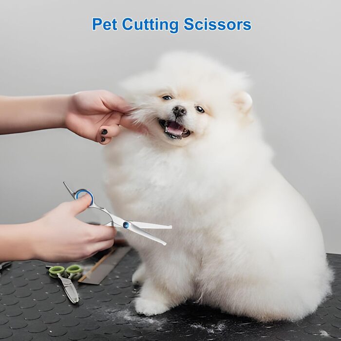 Набір професійних ножиць для собак 7 в 1 з нержавіючої сталі, з безпечними закругленими кінчиками. Включає ножиці для вирівнювання, вигнуті та прямі ножиці, гребінець для грумінгу. Підходить для собак, котів та інших тварин