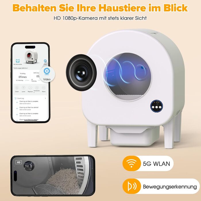 Автоматичний лоток для котів з камерою, 90л, самоочисний, для кількох котів, без запаху, з датчиками, керування через додаток, захист від защемлення