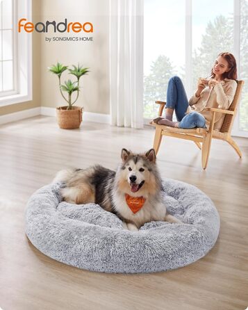 Кругле ліжко для собак та котів Feandrea з м'яким плюшем, діаметр 140 см, Ombré-Сірий колір, знімний наповнювач