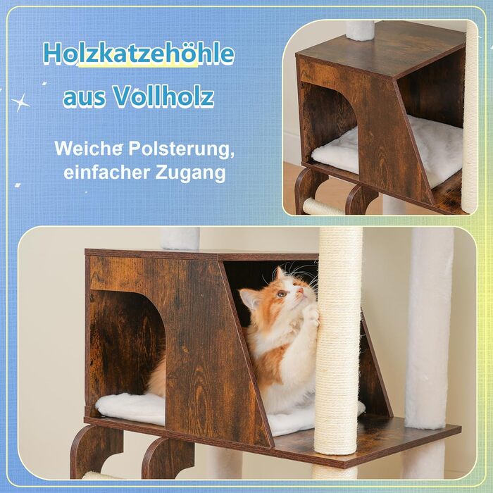 Дерев'яний кігтеточки Hey-brother Holz Kratzbaum 184 см для великих котів, багатоярусний, з платформою, корзиною, будиночком, щіткою та драбиною (Brun Vintage) EMPJ121WB