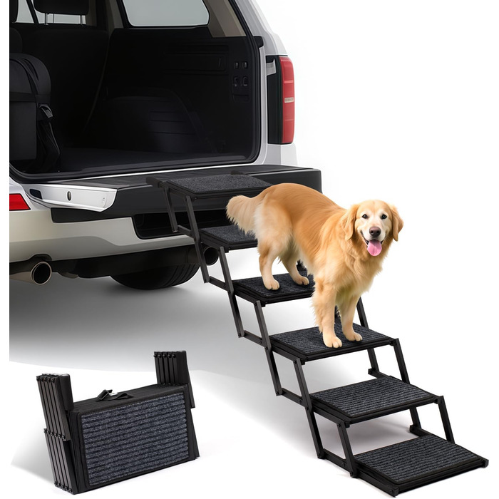 Сходинка для собак у машину, складна, до 113 кг - 5 сходинок, антиковзка, сіра (метал/тканина)