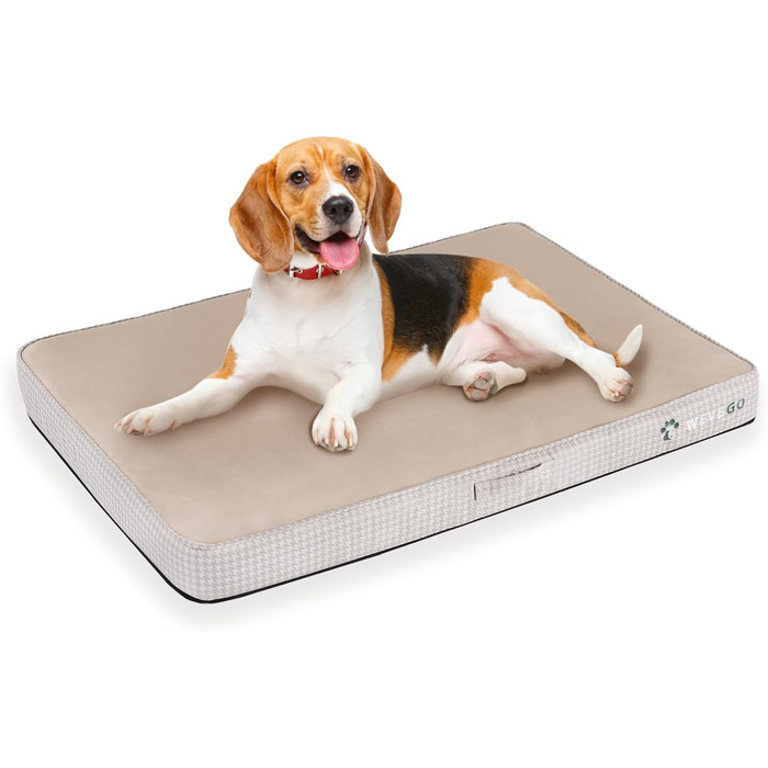 Ортопедичне ліжко для собак великих порід, 8,9 см гелевий пінопласт з пам'яті, міцний фланелевий матеріал, знімний чохол та водонепроникний наповнювач, антиковзаюче покриття (119 x 74 x 9 см, Бежевий)