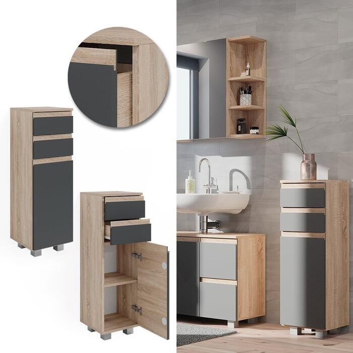 Пенал для ванної Vicco J-Shape, антрацит/дуб сонома, 30x95 см