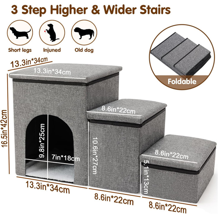 Сходинки для собак FurryPaws: 3-ступенева переносна драбинка для собак до ліжка та дивана, для маленьких та великих собак, ідеальна для подорожей, з неслизькою поверхнею