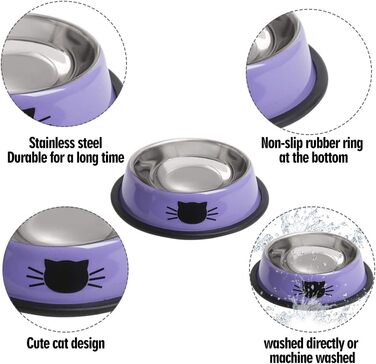 Набори мисок для котячого корму та води, нержавіюча сталь, з гумовим дном, фіолетовий, 2 шт.