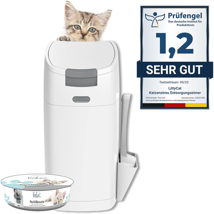 Відро для сміття з котячого туалету Littycat з лопаткою - з картриджем для поповнення - котячий туалет, відро для котячого туалету біло-сірий + 1 картридж біло-сірий