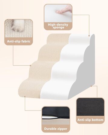 Сходинки для собак та котів на ліжко/диван, 4-х ступінчасті, з антиковзним покриттям, зручні та довговічні (26x15.7x17.4 см, Бежевий)