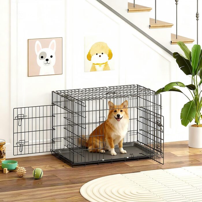 Клітка для собак BestOffice, розкладний, з 2 дверцятами, висувний піддон, ручка, переноска для собак, 61x42x48 см, S, чорна