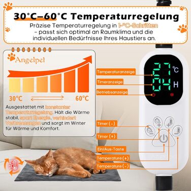 Килимок гріючий для тварин 45x45 см – підігрівальний килимок для собак та котів, 30–60°C, таймер 14 год, захист від перегріву, міцний кабель 1,8 м, 2 знімні чохли, регулювання температури