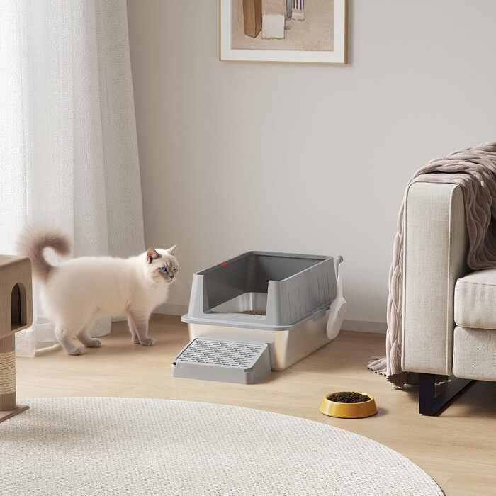 Лоток для котів Lifewit 28L з нержавіючої сталі, відкритий, 60x40x30 см, з лопаткою та педалем, сірий. Лоток для котів XXL, великий, без кришки, для великих котів, для вітальні, спальні