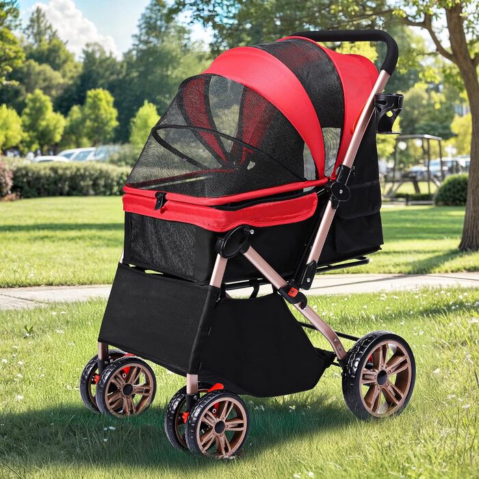 Візок для собак DWVO 3-в-1: візок, переноска, сумка. До 22 кг, EVA-колеса, сітчасті вікна, червоний (58.5x76x105 см)