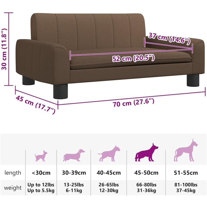 Крісло-ліжко для собак, м'яке ліжко для тварин, лежанка для маленьких собак та котів, коричневе, 70 x 45 x 30 см