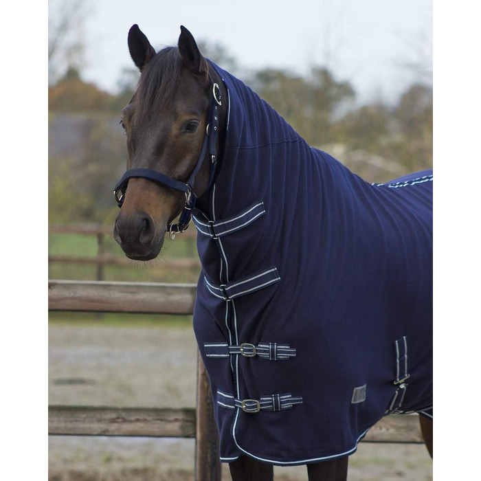Флісова стібень-накидка для коней QHP Basic з частиною для шиї та перехресними ременями, синя (155 см)