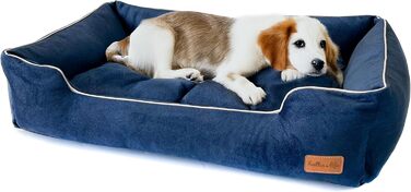 Собаче ліжко з велюру, миюче диван з високими бортиками – для маленьких та великих собак (M (80x50x18 см), Marine)