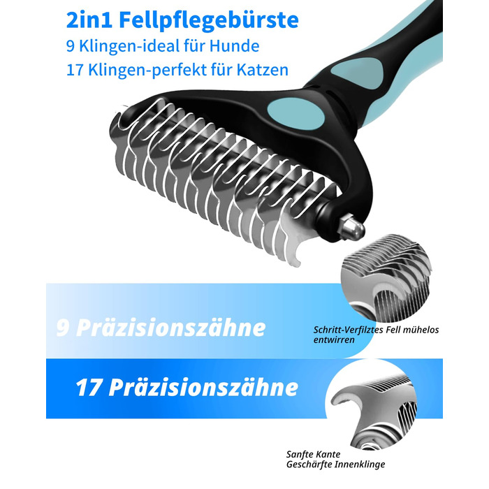 Гребінець для собак та котів проти вичісування – ергономічна ручка, міцний, 17/9 зубців, видаляє ковтуни та підшерстя, дешадінг-щітка для довгошерстих та короткошерстих порід (Синьо-чорний)