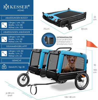 KESSER Причіп-візок для собак Boxer 3в1, велосипедний, великий, 240 л, 600D Оксфорд, амортизований, до 40 кг, з підстаканником
