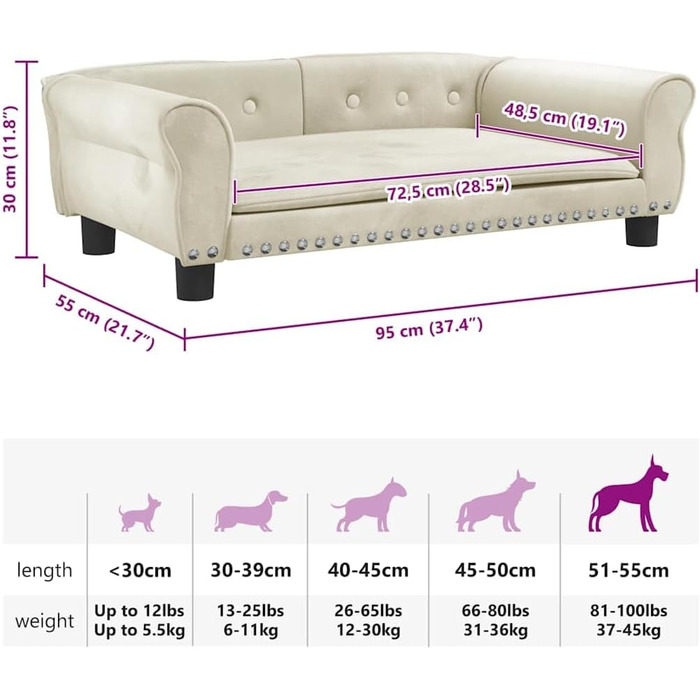 Крісло-ліжко для собак, м'яке ліжко для собак, диванчик для собак, ліжко для котів, світло-кремовий оксамит (95 x 55 x 30 см)