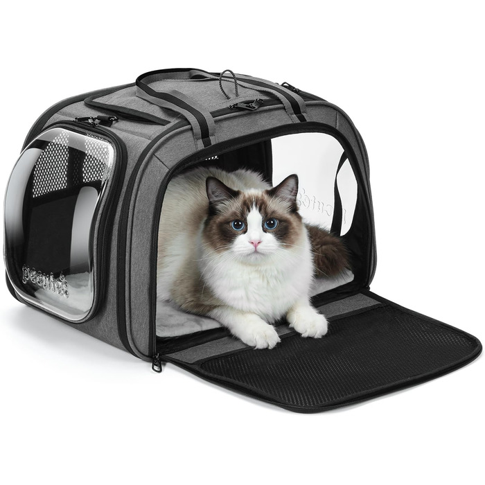 Переноска для котів та собак Pecute велика, складна, сіра (46x36x34 см) - сумка-переноска для авто, подорожей, ветеринара