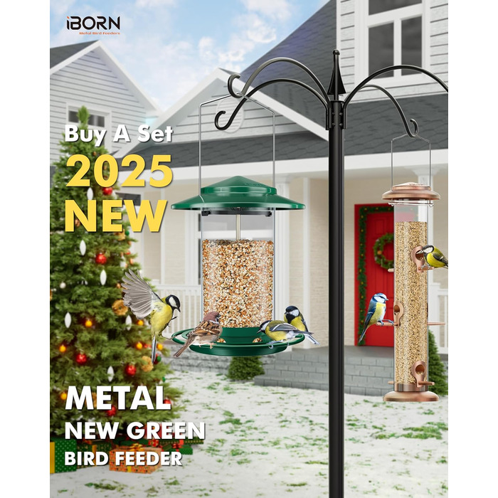 Годівниця для птахів iBorn, металева, з дахом, зелена, для цілорічного годування
