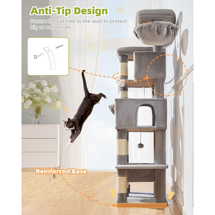 Кігтеточка для котів Taoqimiao 193 см, велика, XXL, з будиночками, гамаком, платформами та 8 стовпчиками для заточування кігтів, сірого кольору MS046W
