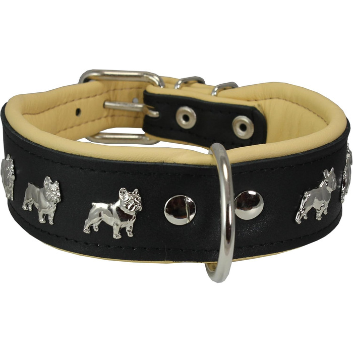 Шкіряний нашийник для собак Dogs My Love, м'який, з підкладкою, 33-39 см, 4,4 см, чорний/бежевий