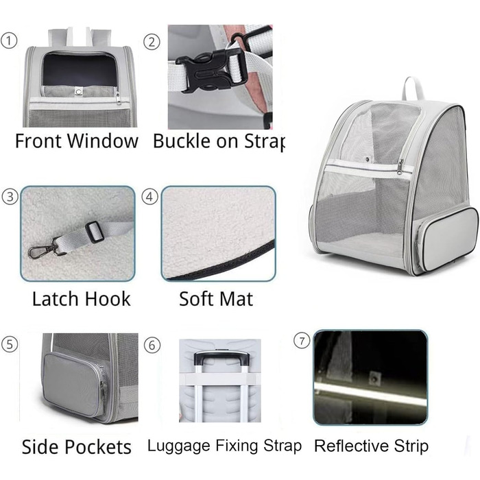 Рюкзак для кота/собаки Hykiee, переноска для тварин до 8 кг, дихаючий, з вікном та строєм, сірий