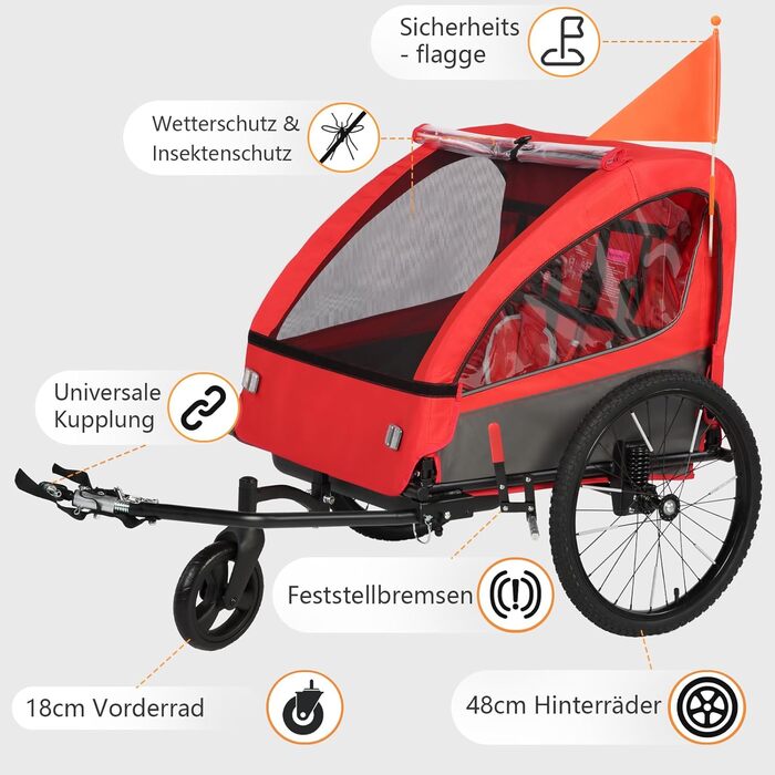 Дитячий велопричіп 2в1 з функцією візка та бігуна, амортизація, регульована ручка-штовхач та гальма, для 1-2 дітей до 40 кг (Червоний)