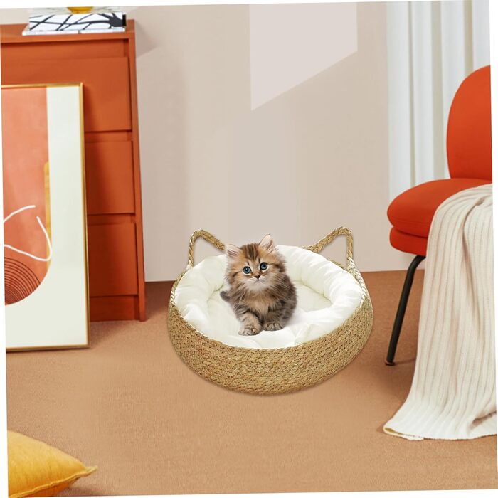 Кігтечка-ліжко для котів з соломи, 43 см, з м'яким подушкою, для кошенят, стійке до подряпин, ліжко для кота + біла подушка + об'ємні подушки