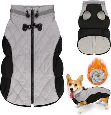 Зимова куртка для собак, водовідштовхувальна, тепла, м'яка, вітрозахисна з кріпленням для повідка, світловідбиваюча, на блискавці, з регульованою застібкою, для маленьких та середніх собак (зелена, сіра, XL)