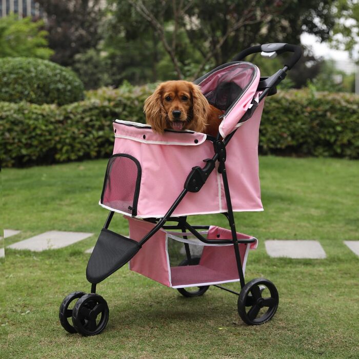 Дитяча візок для тварин, складний, для котів/собак, з кошиком для зберігання та тримачем для напоїв, 3 колеса, для собак та котів, для маленьких або середніх собак, котів, цуценят (Рожевий)
