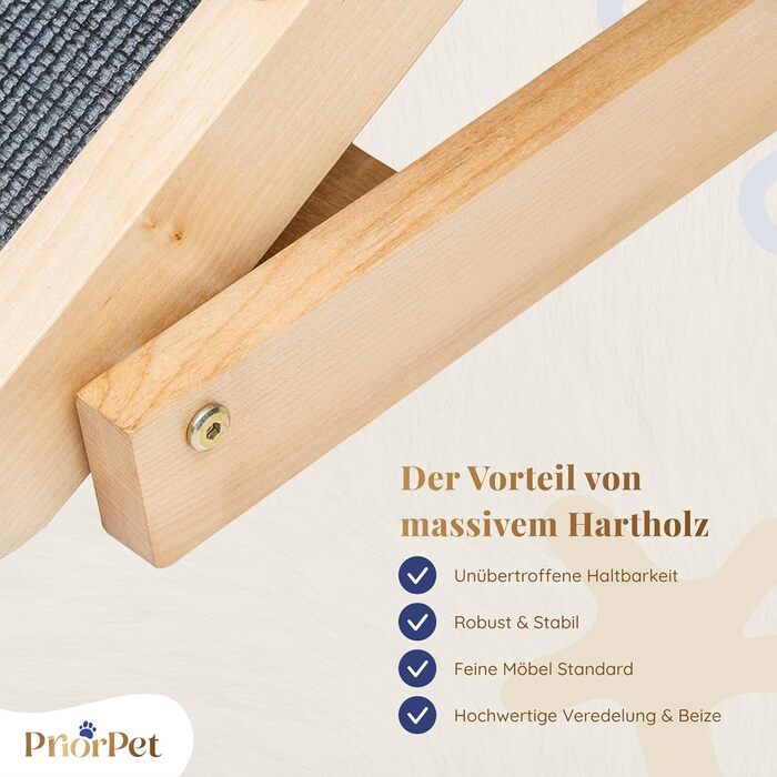 Сходинки для собак до ліжка з поручнями - для великих собак до 90 кг - регульована висота до 94.5 см - ширина 49.5 см - складаються - антиковзні ручки - з натурального березового дерева - колір натуральний