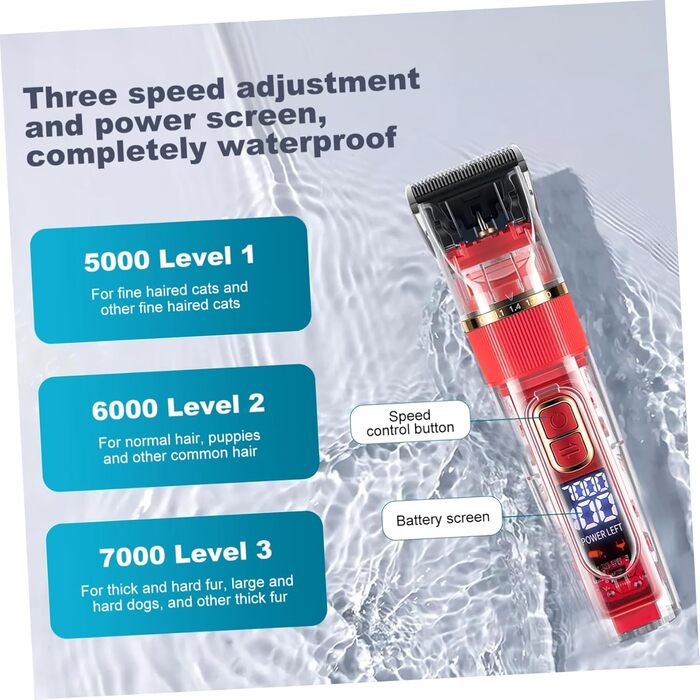 Безшумний бездротовий тример для домашніх тварин BESPORTBLE з LED-дисплеєм, миється, аксесуари для собак та котів, регульована швидкість, насадки-гребінці, 18.00x4.50x4.00 см, червоний