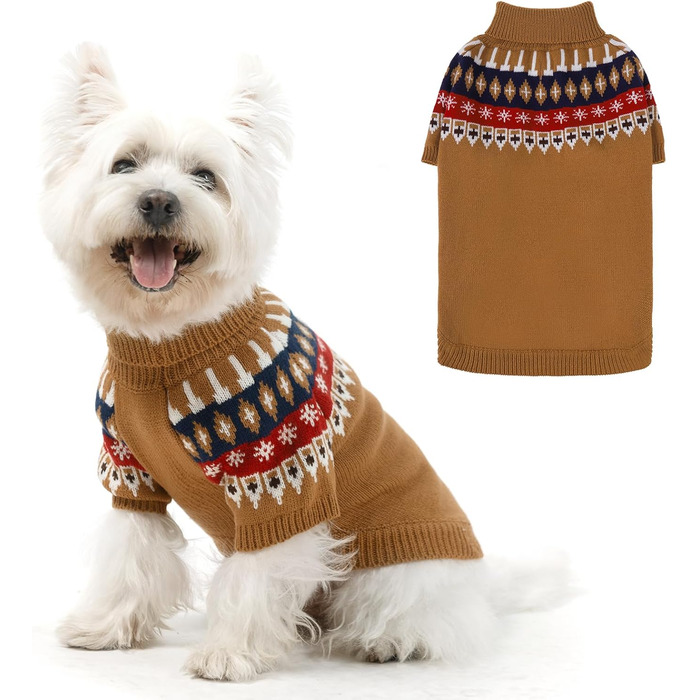 Пуловер для собак EXPAWLORER Fair Isle з візерунком Fair Isle - стильний одяг для собак, в'язана жилетка, пуловер для цуценят, теплий пуловер з коміром-стійкою для маленьких, середніх та великих собак, розмір M (бежевий, Small)