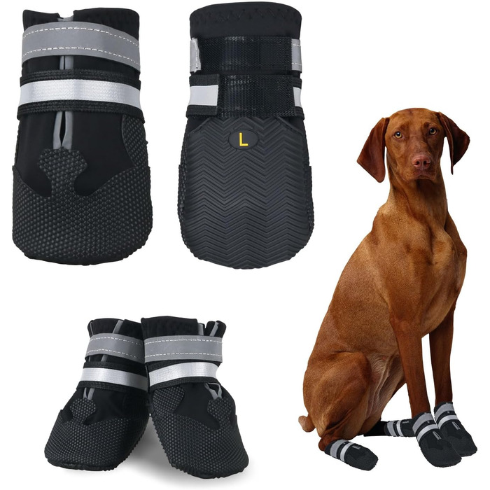 Чоботи для собак, 4 шт., водонепроникні, антиковзні, з світловідбиваючим ремінцем, чоботи для собак, захист лап для маленьких, середніх та великих собак (L, чорний)