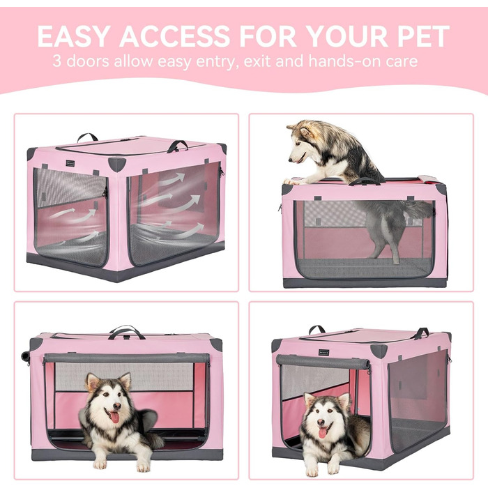 Складаний контейнер Petsfit для собак XL, тканинна переноска з посиленим каркасом, 3 двері, легка для транспортування, рожева