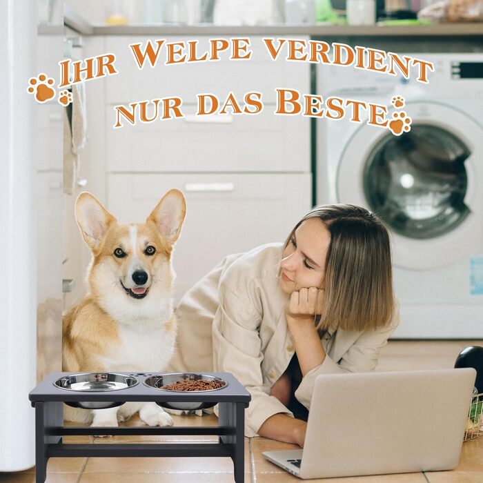 Підвищені годівниці для собак HTB, бамбук, 2 миски з нержавіючої сталі, 44x24x18 см, 18 см висота, сірий колір