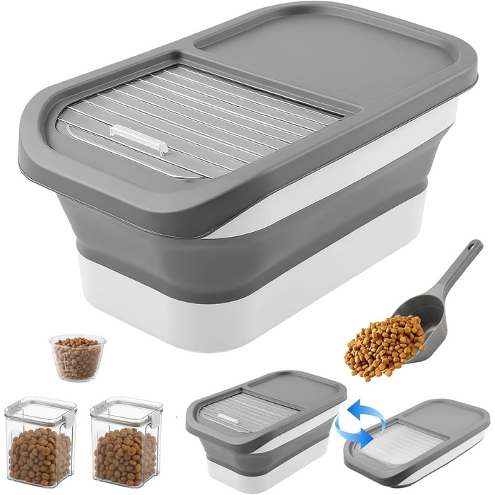 Контейнер для корму для собак та котів, 7 кг, сірий, з мірним стаканом та ложкою