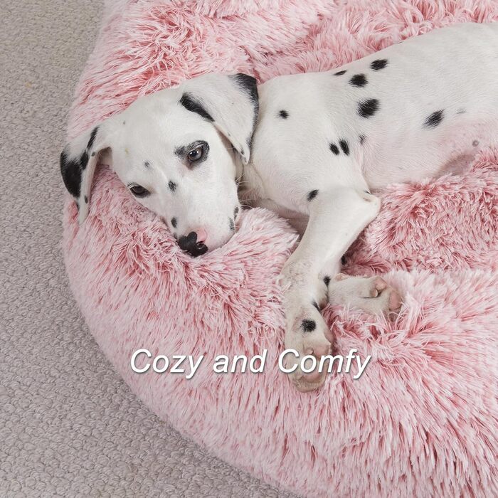 Кругле собаче ліжко Jiupety з м'якої плюшевої тканини, форма пончика, для собак середніх порід, розмір 81 см, зручне та м'яке, можна прати, рожеве, 81 x 81 x 25 см