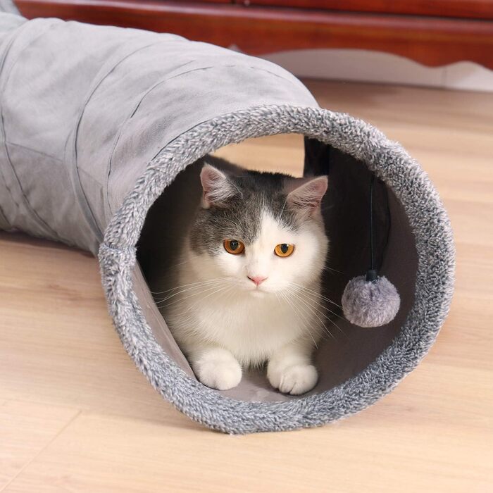 Складаний тунель для котів PAWZ Road з м'ячиком, іграшка-тунель для кошенят, цуценят, кроликів та дрібних тварин, сірий, S-подібний (Розмір S)