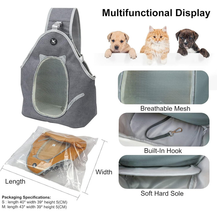 PETCUTE Сумка-переноска для собак та котів, складана, сіра, з ремінком безпеки та кишенею