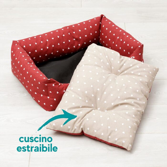 Кругле ліжко для собак Baroni Home з м'яким матрацом, 70x85 см, червоно-білі сердечка